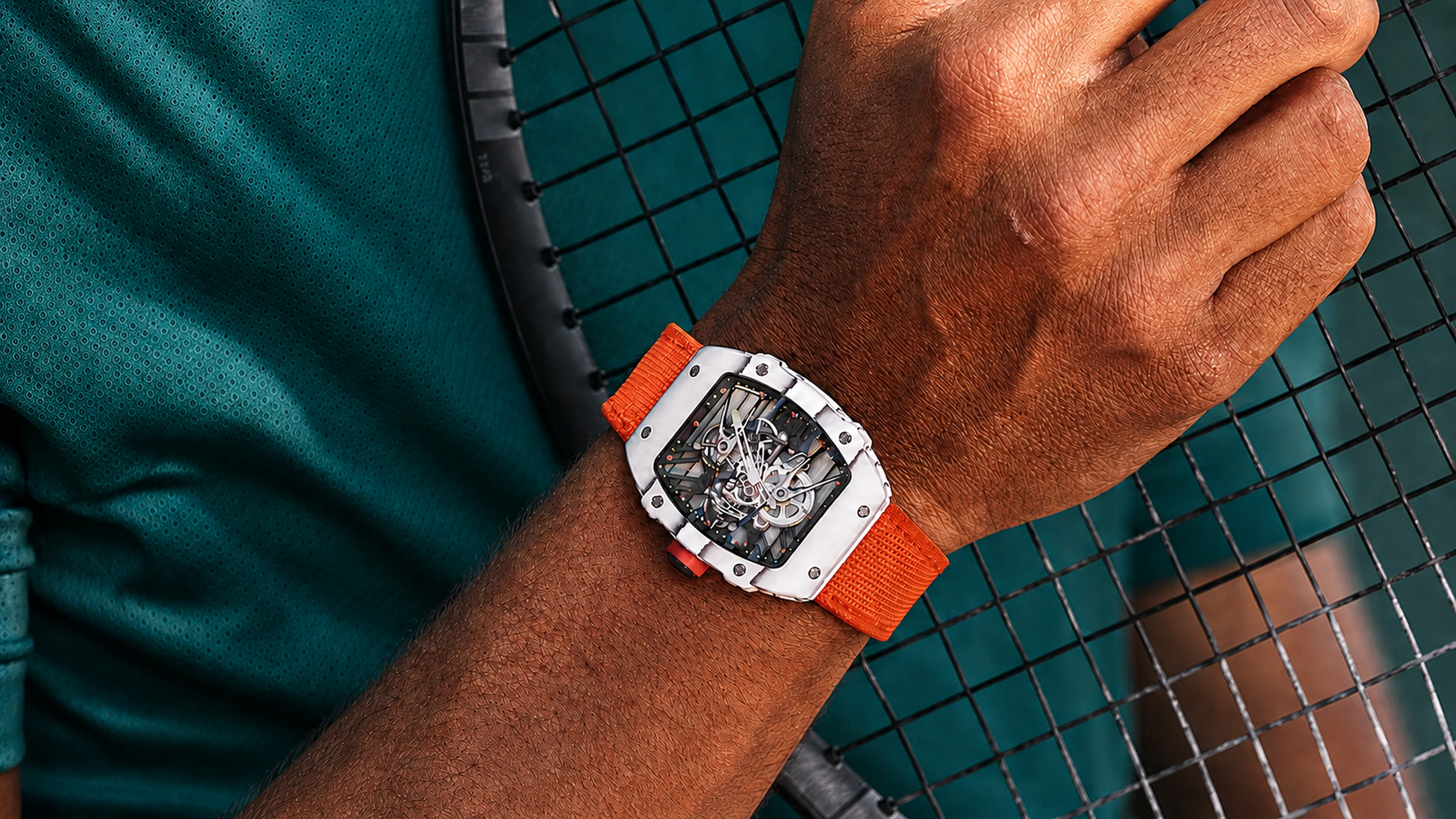 Richard Mille on the wrist with a tennis racket